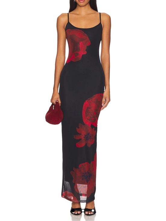 REVOLVE Dresses & Skirts - REVOLVE Black Slip Maxi Dress with Red Floral Print
